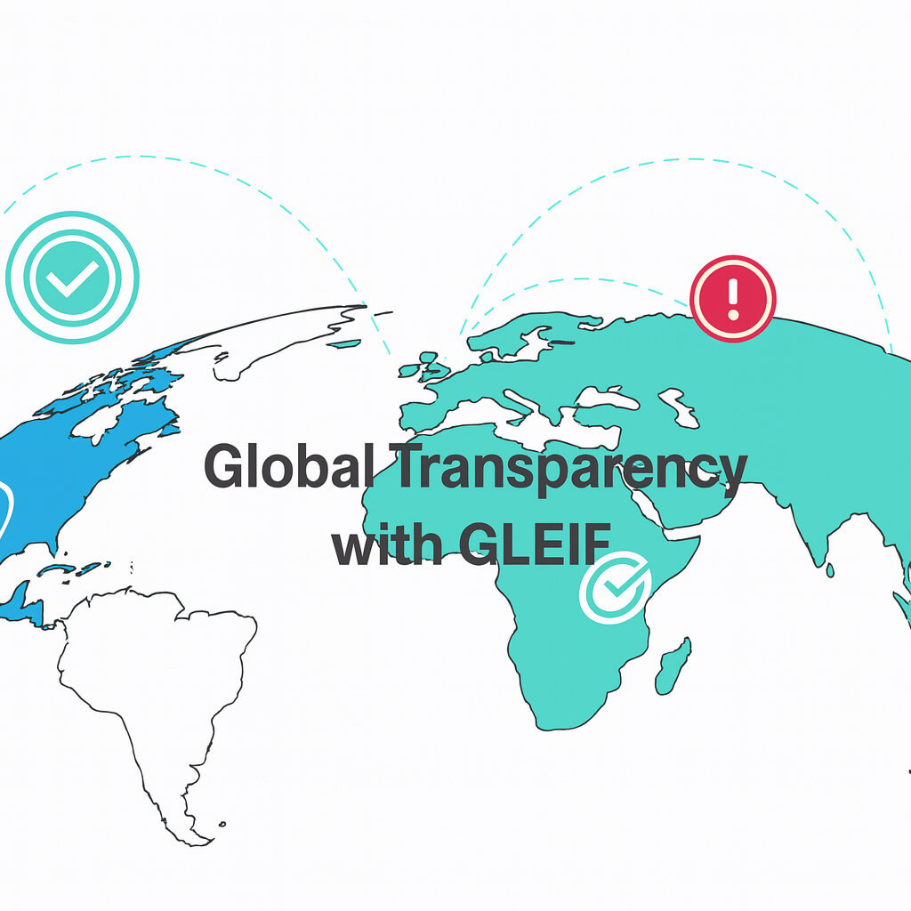 グローバルなつながりを示す世界地図のイラストと、「Global Transparency with GLEIF（GLEIFによるグローバルな透明性）」というテキスト。金融の透明性と信頼できる法人識別を象徴しています。