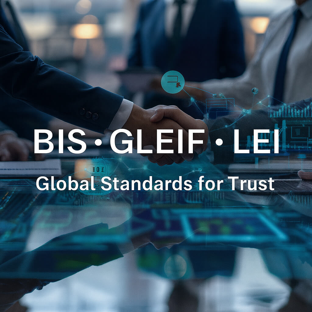 デジタルネットワークのオーバーレイと「BIS • GLEIF • LEI – 信頼のためのグローバル標準」というテキストを含む握手