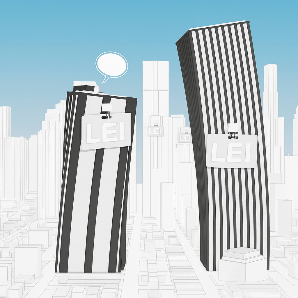 ビジネスセクターでの法人識別子の使用を象徴する、LEIバッジを着用したビジネスビルのイラスト