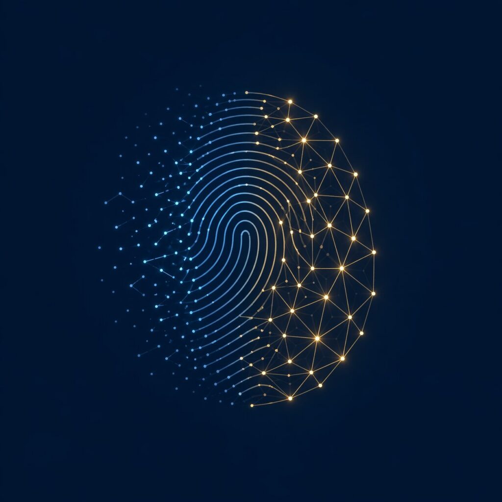 デジタル企業アイデンティティとしてのLEIコード — 指紋がデータネットワークへ変化するイメージ